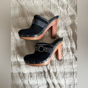 Ralph Lauren 8.5 Black Leather Clogs with Wooden Heel